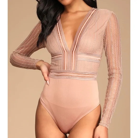 Lulu’s Casita dusty rose Sheer Lace Long Sleeve Bodysuit Sheer Lace Bodysuit L - Picture 15 of 16